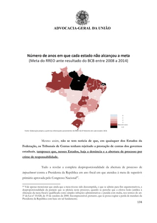 ADVOCACIA-GERAL DA UNIÃO
134
Mesmo assim, não se tem notícia de que, em quaisquer dos Estados da
Federação, os Tribunais de Contas tenham rejeitado a prestação de contas dos governos
estaduais, tampouco que, nesses Estados, haja a denúncia e a abertura de processo por
crime de responsabilidade.
Tudo a revelar a completa desproporcionalidade da abertura de processo de
impeachment contra a Presidenta da República em ano fiscal em que atendeu à meta de superávit
primário aprovada pelo Congresso Nacional69
.
69 Vale apenas mencionar que ainda que a meta tivesse sido descumprida, o que se admite para fins argumentativos, a
desproporcionalidade da punição que se pleiteia neste processo, quando se percebe que a efetiva lesão jurídica à
obtenção da meta fiscal é qualificada como simples infrações administrativas e punida com multa, nos termos do art.
5º da Lei nº 10.028, de 19 de outubro de 2000. Incompreensível, portanto, que se possa cogitar a perda de mandato da
Presidenta da República com base em tal fundamento.
 