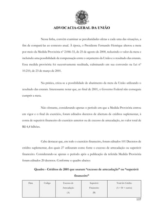 ADVOCACIA-GERAL DA UNIÃO
137
Nessa linha, convém examinar as peculiaridades afetas a cada uma das situações, a
fim de compará-las ao contexto atual. À época, o Presidente Fernando Henrique alterou a meta
por meio da Medida Provisória nº 2.046-33, de 25 de agosto de 2000, reduzindo o valor da meta e
incluindo uma possibilidade de compensação entre o orçamento da União e o resultado das estatais.
Essa medida provisória foi sucessivamente reeditada, culminando em sua conversão na Lei nº
10.210, de 23 de março de 2001.
Na prática, criou-se a possibilidade de abatimento da meta da União utilizando o
resultado das estatais. Interessante notar que, ao final de 2001, o Governo Federal não conseguiu
cumprir a meta.
Não obstante, considerando apenas o período em que a Medida Provisória entrou
em vigor e o final do exercício, foram editados decretos de abertura de créditos suplementar, à
conta de superávit financeiro do exercício anterior ou de excesso de arrecadação, no valor total de
R$ 4,4 bilhões.
Cabe destacar que, em todo o exercício financeiro, foram editados 101 Decretos de
crédito suplementar, dos quais 27 utilizaram como fonte o excesso de arrecadação ou superávit
financeiro. Considerando-se apenas o período após a publicação da referida Medida Provisória
foram editados 20 decretos. Conforme o quadro abaixo:
Quadro - Créditos de 2001 que usaram “excesso de arrecadação” ou “superávit
financeiro”
Data Código Excesso de
Arrecadação
(A)
Superávit
Financeiro
(B)
Total do Crédito
(A + B + outros)
 