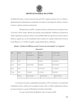 ADVOCACIA-GERAL DA UNIÃO
140
de Medida Provisória. A única observação feita pelo TCU, naquele momento, foi a de solicitar o
aperfeiçoamento do planejamento orçamentário em relação à concentração de créditos ao final do
exercício, conforme transcrito anteriormente.
De igual modo, em 2009, o Congresso discutiu a redução da meta de superávit entre
15 de maio e 08 de outubro. Durante esse período, foram publicados 32 Decretos de abertura de
crédito suplementar, sendo que 4 destes à conta de R$1,9 bilhão de superávit do exercício anterior.
Inclusive, naquele ano, um dos beneficiários desses créditos foi o próprio Tribunal de Contas da
União (Decreto s/ nº 12.108). O quadro a seguir também ilustra a afirmação.
Quadro - Créditos de 2009 que usaram “excesso de arrecadação” ou “superávit
financeiro”
Data Código Excesso de
Arrecadação (A)
Superávit
Financeiro
(B)
Total do Crédito
(A + B + outros)
04/jun 12053 8.300.000 1.040.200.000
02/jul 12108 85.833.500.000 48.200.000 86.146.600.000
30/jul 12149 1.269.100.000 1.277.300.000
13/ago 12159 79.200.000 613.500.000 750.600.000
TOTAL 85.912.700.000 1.939.100.000 89.214.700.000
Ao examinar novamente a regularidade dessa prática, o TCU, recorrendo ao seu tradicional
entendimento sobre a matéria, não fez qualquer ressalva sobre os créditos suplementares abertos,
por meio de decreto, na gestão do Presidente Luís Inácio Lula da Silva.
É o que extrai da leitura do Relatório sobre as Contas de 2009:
 