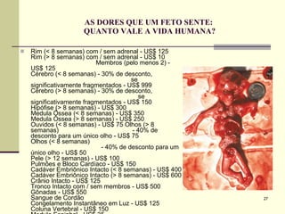 AS DORES QUE UM FETO SENTE:  QUANTO VALE A VIDA HUMANA? Rim (< 8 semanas) com / sem adrenal - US$ 125 Rim (> 8 semanas) com / sem adrenal - US$ 10  Membros (pelo menos 2) - US$ 125 Cérebro (< 8 semanas) - 30% de desconto,  se significativamente fragmentados - US$ 999 Cérebro (> 8 semanas) - 30% de desconto,  se significativamente fragmentados - US$ 150 Hipófise (> 8 semanas) - US$ 300 Medula Óssea (< 8 semanas) - US$ 350 Medula Óssea (> 8 semanas) - US$ 250 Ouvidos (< 8 semanas) - US$ 75 Olhos (> 8 semanas)  - 40% de desconto para um único olho - US$ 75 Olhos (< 8 semanas)  - 40% de desconto para um único olho - US$ 50 Pele (> 12 semanas) - US$ 100 Pulmões e Bloco Cardíaco - US$ 150 Cadáver Embriônico Intacto (< 8 semanas) - US$ 400 Cadáver Embriônico Intacto (> 8 semanas) - US$ 600 Crânio Intacto - US$ 125 Tronco Intacto com / sem membros - US$ 500 Gônadas - US$ 550 Sangue de Cordão Congelamento Instantâneo em Luz - US$ 125 Coluna Vertebral - US$ 150 Medula Espinhal - US$ 35 Preços Válidos até 31 de dezembro de 1999” 