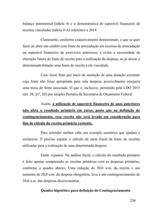 230
balanço patrimonial (tabela 4) e o demonstrativa de superávit financeiro de
receitas vinculadas (tabela 4-A) referentes a 2014.
Claramente, conforme exaustivamente demonstrado, o que se quer
fazer ao abrir um crédito com fonte de arrecadação em excesso de arrecadação
ou superávit financeiro de exercícios anteriores, é evitar a necessidade de
alteração futura da fonte de receita para a realização da despesa, ao já alocar a
determinada dotação uma fonte de receita a ela vinculada.
Caso fosse feito por meio de anulação de uma dotação existente
cuja fonte não fosse apropriada para esta despesa, possivelmente ensejaria
uma troca de fonte associada. O que é, inclusive, permitido pela LDO 2015
(art. 38, §1º, III) por simples Portaria da Secretaria de Orçamento Federal.
Assim, a utilização de superávit financeiro de anos anteriores
não afeta o resultado primário em curso, posto que na definição do
contingenciamento, essa receita não será levada em consideração para
fins de cálculo da receita primária existente.
Para entender melhor cabe um exemplo numérico que ajudará a
esclarecer. É preciso separar o cálculo da meta fiscal da fonte de receitas
utilizadas para a realização de uma determinada despesa.
Então vejamos. Na análise fiscal, o cálculo do resultado primário
é feito apenas comparando as receitas primárias com as despesas primárias,
conforme o quadro abaixo, Uma redução de 30,0 u.m. da receita e um
aumento de 20,0 u.m. da despesa obrigatória, leva a um contingenciamento de
50,0 u.m. das despesas discricionárias.
Quadro hipotético para definição do Contingenciamento
 