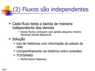 (2) Fluxos são independentes Cada fluxo testa a banda de maneira independente dos demais Novos fluxos começam com janela pequena mesmo havendo banda disponível Solução Uso de históricos com informação do estado da rede  Compartilhamento do histórico entre conexões TCP/SPAND Performance Gateway 