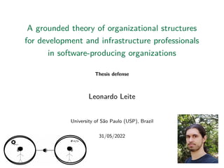 A grounded theory of organizational structures
for development and infrastructure professionals
in software-producing organizations
Thesis defense
Leonardo Leite
University of São Paulo (USP), Brazil
31/05/2022
 