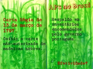 Carta Régia de 13 de março de 1797. 
Coibir o corte não-autorizado de madeiras nobres. 
Respaldo em inventários encomendados pelo governo português. 
Efetividade?  
