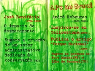 José Bonifácio 
André Rebouças 
O impacto do desmatamento. 
Sugere a criação de um setor administrativo dedicado à conservação(1821). 
(1763-1838) 
(1838-1898) 
Inspirou-se em Yellowstone(1872). 
Publica o artigo “Parque Nacional” (1876). 
Sugere os parques de Sete Quedas(PR) e Ilha do Bananal(TO).  