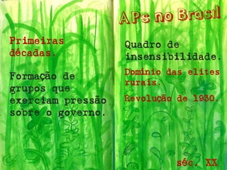 Primeiras décadas. 
Formação de grupos que exerciam pressão sobre o governo. 
séc. XX 
Domínio das elites rurais. 
Quadro de insensibilidade. 
Revolução de 1930.  