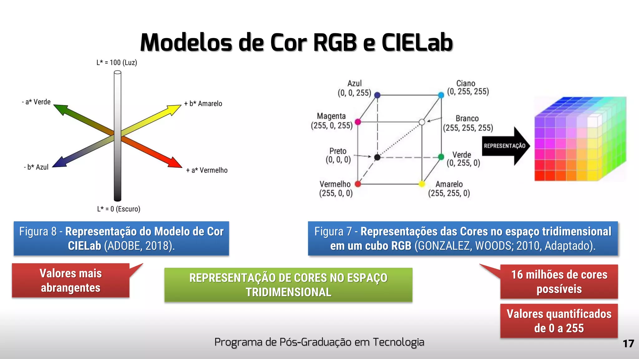 Modelos de Cor RGB e CIELab
Programa de Pós-Graduação em Tecnologia 17
Figura 7 - Representações das Cores no espaço tridimensional
em um cubo RGB (GONZALEZ, WOODS; 2010, Adaptado).
Figura 8 - Representação do Modelo de Cor
CIELab (ADOBE, 2018).
16 milhões de cores
possíveis
REPRESENTAÇÃO DE CORES NO ESPAÇO
TRIDIMENSIONAL
Valores quantificados
de 0 a 255
Valores mais
abrangentes
 