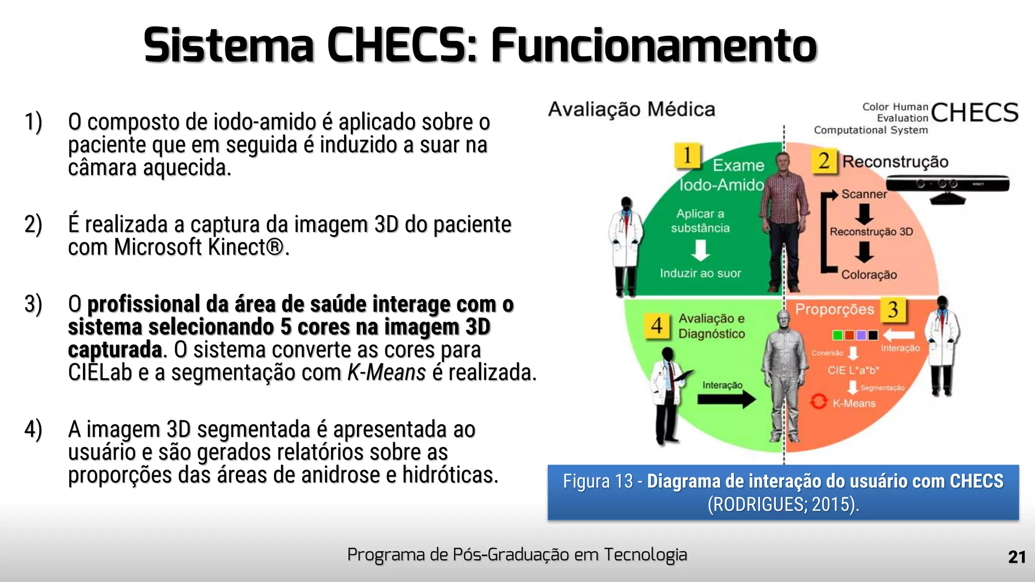 Sistema CHECS: Funcionamento
Programa de Pós-Graduação em Tecnologia 21
Figura 13 - Diagrama de interação do usuário com CHECS
(RODRIGUES; 2015).
1) O composto de iodo-amido é aplicado sobre o
paciente que em seguida é induzido a suar na
câmara aquecida.
2) É realizada a captura da imagem 3D do paciente
com Microsoft Kinect®.
3) O profissional da área de saúde interage com o
sistema selecionando 5 cores na imagem 3D
capturada. O sistema converte as cores para
CIELab e a segmentação com K-Means é realizada.
4) A imagem 3D segmentada é apresentada ao
usuário e são gerados relatórios sobre as
proporções das áreas de anidrose e hidróticas.
 