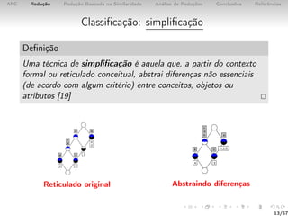 AFC Redução Redução Baseada na Similaridade Análise de Reduções Conclusões Referências
Classiﬁcação: simpliﬁcação
Deﬁnição
Uma técnica de simpliﬁcação é aquela que, a partir do contexto
formal ou reticulado conceitual, abstrai diferenças não essenciais
(de acordo com algum critério) entre conceitos, objetos ou
atributos [19]
Reticulado original Abstraindo diferenças
13/57
 