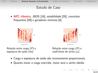 AFC Redução Redução Baseada na Similaridade Análise de Reduções Conclusões Referências
Estudo de Caso
• AFC clássica, JBOS [16], estabilidade [35], conceitos
frequentes [59] e geradores mínimos [4]
Relação entre carga (P) e
espessura de saída (ho)
Relação entre carga (P) e
coeﬁciente de atrito (µ)
• Carga e espessura de saída são inversamente proporcionais
• Quanto maior a carga exercida, maior será o atrito obtido
29/57
 