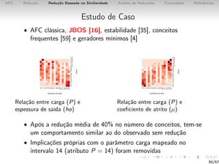 AFC Redução Redução Baseada na Similaridade Análise de Reduções Conclusões Referências
Estudo de Caso
• AFC clássica, JBOS [16], estabilidade [35], conceitos
frequentes [59] e geradores mínimos [4]
Relação entre carga (P) e
espessura de saída (ho)
Relação entre carga (P) e
coeﬁciente de atrito (µ)
• Após a redução média de 40% no número de conceitos, tem-se
um comportamento similar ao do observado sem redução
• Implicações próprias com o parâmetro carga mapeado no
intervalo 14 (atributo P = 14) foram removidas
30/57
 