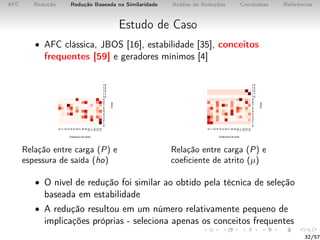AFC Redução Redução Baseada na Similaridade Análise de Reduções Conclusões Referências
Estudo de Caso
• AFC clássica, JBOS [16], estabilidade [35], conceitos
frequentes [59] e geradores mínimos [4]
Relação entre carga (P) e
espessura de saída (ho)
Relação entre carga (P) e
coeﬁciente de atrito (µ)
• O nível de redução foi similar ao obtido pela técnica de seleção
baseada em estabilidade
• A redução resultou em um número relativamente pequeno de
implicações próprias - seleciona apenas os conceitos frequentes
32/57
 