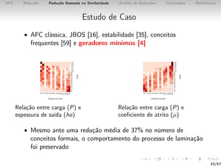AFC Redução Redução Baseada na Similaridade Análise de Reduções Conclusões Referências
Estudo de Caso
• AFC clássica, JBOS [16], estabilidade [35], conceitos
frequentes [59] e geradores mínimos [4]
Relação entre carga (P) e
espessura de saída (ho)
Relação entre carga (P) e
coeﬁciente de atrito (µ)
• Mesmo ante uma redução média de 37% no número de
conceitos formais, o comportamento do processo de laminação
foi preservado
33/57
 