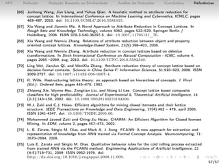 AFC Redução Redução Baseada na Similaridade Análise de Reduções Conclusões Referências
[66] Junhong Wang, Jiye Liang, and Yuhua Qian. A heuristic method to attribute reduction for
concept lattice. In International Conference on Machine Learning and Cybernetics, ICMLC, pages
483–487, 2010. doi: 10.1109/ICMLC.2010.5581015.
[67] Xia Wang and Jianmin Ma. A Novel Approach to Attribute Reduction in Concept Lattices. In
Rough Sets and Knowledge Technology, volume 4062, pages 522–529. Springer Berlin /
Heidelberg, 2006. ISBN 978-3-540-36297-5. doi: 10.1007/11795131_76.
[68] Xia Wang and Wenxiu Zhang. Relations of attribute reduction between object and property
oriented concept lattices. Knowledge-Based System, 21(5):398–403, 2008.
[69] Xia Wang and Wenxiu Zhang. Attribute reduction in concept lattices based on deletion
transformations. In Sixth International Conference on Natural Computation - ICNC, volume 4,
pages 2065 –2069, aug. 2010. doi: 10.1109/ICNC.2010.5582340.
[70] Ling Wei, JianJun Qi, and WenXiu Zhang. Attribute reduction theory of concept lattice based on
decision formal contexts. Science in China Series F: Information Sciences, 51:910–923, 2008. ISSN
1009-2757. doi: 10.1007/s11432-008-0067-4.
[71] R. Wille. Restructuring lattice theory: an approach based on hierarchies of concepts. I. Rival
(Ed.): Ordered Sets, pages 445–470, 1982.
[72] Zhipeng Xie, Wynne Hsu, Zongtian Liu, and Mong Li Lee. Concept lattice based composite
classiﬁers for high predictability. Journal of Experimental & Theoretical Artiﬁcial Intelligence, 14
(2-3):143–156, 2002. doi: 10.1080/09528130210164206.
[73] M.J. Zaki and C.J. Hsiao. Eﬃcient algorithms for mining closed itemsets and their lattice
structure. IEEE Transactions on Knowledge and Data Engineering, 17(4):462 – 478, april 2005.
ISSN 1041-4347. doi: 10.1109/TKDE.2005.60.
[74] Mohammed Javeed Zaki and Ching-Jiu Hsiao. CHARM: An Eﬃcient Algorithm for Closed Itemset
Mining. In SDM, volume 2, pages 457–473, 2002.
[75] L. E. Zárate, Sérgio M. Dias, and Mark A. J. Song. FCANN: A new approach for extraction and
representation of knowledge from ANN trained via Formal Concept Analysis. Neurocomputing, 71:
2670–2684, 2008.
[76] Luis E. Zárate and Sérgio M. Dias. Qualitative behavior rules for the cold rolling process extracted
from trained ANN via the FCANN method. Engineering Applications of Artiﬁcial Intelligence, 22
(4-5):718–731, 2009. ISSN 0952-1976. doi:
http://dx.doi.org/10.1016/j.engappai.2008.11.009.
57/57
 