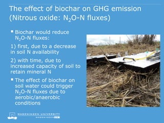 The effect of biochar on GHG emission
(Nitrous oxide: N2O-N fluxes)
 Biochar would reduce
N2O-N fluxes:
1) first, due to a decrease
in soil N availability
2) with time, due to
increased capacity of soil to
retain mineral N
 The effect of biochar on
soil water could trigger
N2O-N fluxes due to
aerobic/anaerobic
conditions
 