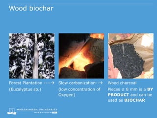 Wood biochar
Forest Plantation ---- Slow carbonization-- Wood charcoal
(Eucalyptus sp.) (low concentration of
Oxygen)
Pieces ≤ 8 mm is a BY
PRODUCT and can be
used as BIOCHAR
 
