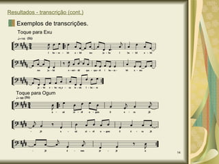 Resultados - transcrição (cont.) Exemplos de transcrições. Toque para Exu Toque para Ogum 