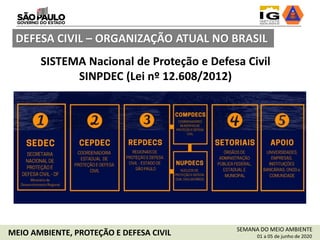 DEFESA CIVIL – ORGANIZAÇÃO ATUAL NO BRASIL
SISTEMA Nacional de Proteção e Defesa Civil
SINPDEC (Lei nº 12.608/2012)
SEMANA DO MEIO AMBIENTE
01 a 05 de junho de 2020MEIO AMBIENTE, PROTEÇÃO E DEFESA CIVIL
 