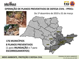 SEMANA DO MEIO AMBIENTE
01 a 05 de junho de 2020MEIO AMBIENTE, PROTEÇÃO E DEFESA CIVIL
OPERAÇÃO DE PLANOS PREVENTIVOS DE DEFESA CIVIL - PPDCs
8 PLANOS PREVENTIVOS
(1 para INUNDAÇÃO e 7 para
ESCORREGAMENTOS)
De 1º dezembro de 2019 a 31 de março
176 MUNICÍPIOS
 