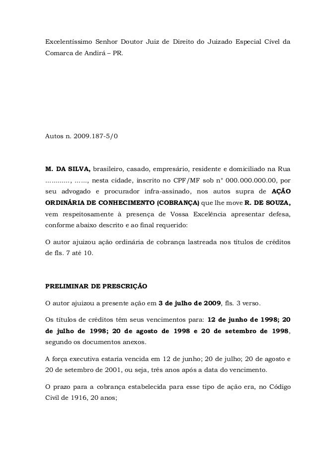 Defesa em cobrança de nota promissória prescrita