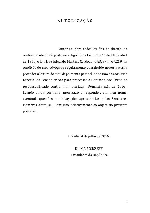 Carta de defesa da presidenta Dilma Rousseff à CEI-Senado