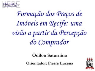 Formação dos Preços de
  Imóveis em Recife: uma
visão a partir da Percepção
       do Comprador
        Odilon Saturnino
     Orientador: Pierre Lucena
 