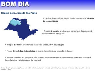  Localização estratégica, região vizinha de mais de 2 milhões 
de consumidores 
 A região é a maior produtora de borracha do Estado, com 24 
mil toneladas de látex / ano 
Região de S. José do Rio Preto 
 A região é a maior produtora de abacaxi do Estado, 75% da produção 
 Produz 2,8 milhões de toneladas de laranja / ano, 20% da produção do Estado 
 Possui 6 hidrelétricas, que juntas, têm o potencial para abastecer ao mesmo tempo os Estados do Paraná, 
Santa Catarina, Mato Grosso do Sul e Amapá 
Fontes: Ciesp/Fiesp, Secretaria de Planejamento de S.J. do Rio Preto, Secretaria da Receita Federal, IEA, Assoc. Paulista dos Produtores de Borracha, NOS e Atlas do 
Consumo – Jun/05 
 