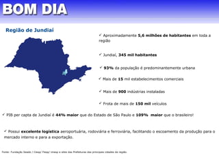  Aproximadamente 5,6 milhões de habitantes em toda a 
região 
 Jundiaí, 345 mil habitantes 
 93% da população é predominantemente urbana 
 Mais de 15 mil estabelecimentos comerciais 
 Mais de 900 indústrias instaladas 
 Frota de mais de 150 mil veículos 
Região de Jundiaí 
 PIB per capta de Jundiaí é 44% maior que do Estado de São Paulo e 109% maior que o brasileiro! 
 Possui excelente logística aeroportuária, rodoviária e ferroviária, facilitando o escoamento da produção para o 
mercado interno e para a exportação. 
Fonte: Fundação Seade / Ciesp/ Fiesp/ Unesp e sites das Prefeituras das principais cidades da região. 
 