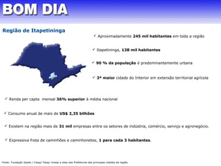  Aproximadamente 245 mil habitantes em toda a região 
 Itapetininga, 138 mil habitantes 
 90 % da população é predominantemente urbana 
 3ª maior cidade do Interior em extensão territorial agrícola 
Região de Itapetininga 
 Renda per capta mensal 36% superior à média nacional 
 Consumo anual de mais de US$ 2,35 bilhões 
 Existem na região mais de 31 mil empresas entre os setores de indústria, comércio, serviço e agronegócio. 
 Expressiva frota de caminhões e caminhonetes, 1 para cada 3 habitantes. 
Fonte: Fundação Seade / Ciesp/ Fiesp/ Unesp e sites das Prefeituras das principais cidades da região. 
 
