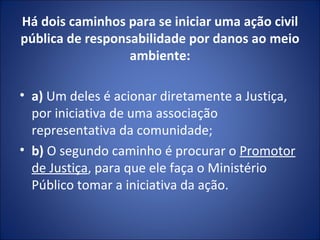 Há dois caminhos para se iniciar uma ação civil pública de responsabilidade por danos ao meio ambiente: a)  Um deles é acionar diretamente a Justiça, por iniciativa de uma associação representativa da comunidade; b)  O segundo caminho é procurar o  Promotor de Justiça , para que ele faça o Ministério Público tomar a iniciativa da ação. 