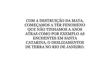 COM A DESTRUIÇÃO DA MATA, COMEÇAMOS A TER FENOMENO QUE NÃO TINHAMOS A ANOS ATRAS COMO POR EXEMPLO AS ENCHENTES EM SANTA CATARINA, O DESLIZAMENTOS DE TERRA NO RIO DE JANEIRO. 