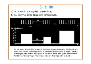ISI e IBI
a) ISI, Intervalo entre spikes consecutivos;
b) IBI, Intervalo entre dois bursts consecutivos.

Os softwares de aquisição e registro de dados devem ser capazes de identificar e
medir ISI e IBI nos sinais registrados. A importância em estudar os spikes é que a
informação está contida nos spikes e no atraso entre dois spikes consecutivos.
Também existe informação relevante no intervalo de tempo entre os bursts.

 