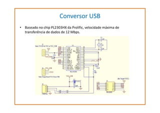Conversor USB
• Baseado no chip PL2303HX da Prolific, velocidade máxima de
transferência de dados de 12 Mbps.

 