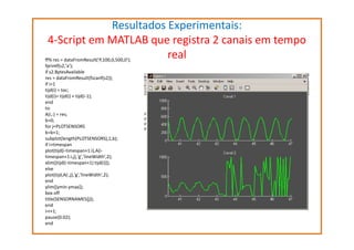 Resultados Experimentais:
4-Script em MATLAB que registra 2 canais em tempo
real
ff% res = dataFromResult('P,100,0,500,0');
fprintf(s2,'a');
if s2.BytesAvailable
res = dataFromResult(fscanf(s2));
if i>1
tijd(i) = toc;
tijd(i)= tijd(i) + tijd(i-1);
end
tic
A(i,:) = res;
b=0;
for j=PLOTSENSORS
b=b+1;
subplot(length(PLOTSENSORS),1,b);
if i>timespan
plot(tijd(i-timespan+1:i),A(itimespan+1:i,j),'g','lineWidth',2);
xlim([tijd(i-timespan+1) tijd(i)]);
else
plot(tijd,A(:,j),'g','lineWidth',2);
end
ylim([ymin ymax]);
box off
title(SENSORNAMES{j});
end
i=i+1;
pause(0.02);
end

 