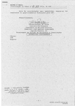 ' ' 
·. 
) 
( 
r 
MARINF..A DO BRASIL 
,(Continuação dq OfExt nº 6'0.- J_{j /2014, do GCM ....... -. ......... ) 
-~-----------~-----~--- ~ ---------------------------~------------ 
Ante ás considerações · aqui ~ e_xp~ndidas, espera-se- ter 
respondido os questionamentos formulados pela CNV. 
Cópias: 
CIM" 
Arquivo 
/ 
Respeitosamente, 1 ·- ~ {"--;v . ·. ,. 1  . . 
.---- /; /, . t "-.. . ti l'· J . . 
(~ ).V..11(/K/.i:(J..)rf,wn·/ ~ :r"v I r; tf( L_...:.- / • 'Í · /··,: F'/)1~b1'wj · 
CARLÓ&/AUGUS~O DE SOUSA 
1 
1 
. / 1 Almirante-fde..:.E;qu?-dra 
Comandante da .Marinha-Interino 
FRANCISCO .JOSÉ MART;I.NS CAVALCANTE 
.Capitã9-Tenente (T) 
Encarregado da Dívisão de Secretaria e Comunicações 
1 AUTENTICADO OIGITALMENTE 
1 
/ . 
I l ' 
/ 
, 
( r,.. 
/ 
.""" 
 1 
.1 -.,_ I 
. '· ,_ 
.' ( 
( ' 
- 2 - 
61001.014727/2014~62 
GM-60/GM-62 
-. 
.. . 
/ 
./ 
/ 
