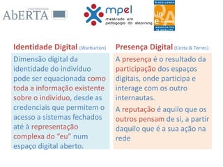 Identidade Digital (Warburton)
Dimensão digital da
identidade do indivíduo
pode ser equacionada como
toda a informação existente
sobre o indivíduo, desde as
credenciais que permitem o
acesso a sistemas fechados
até à representação
complexa do “eu” num
espaço digital aberto.
Presença Digital(Costa & Torres)
A presença é o resultado da
participação dos espaços
digitais, onde participa e
interage com os outro
internautas.
A reputação é aquilo que os
outros pensam de si, a partir
daquilo que é a sua ação na
rede
 