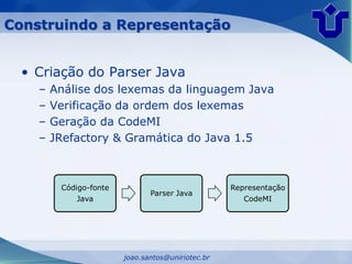 Construindo a Representação


  • Criação do Parser Java
    –   Análise dos lexemas da linguagem Java
    –   Verificação da ordem dos lexemas
    –   Geração da CodeMI
    –   JRefactory & Gramática do Java 1.5



         Código-fonte                              Representação
                               Parser Java
            Java                                      CodeMI




                        joao.santos@uniriotec.br
 