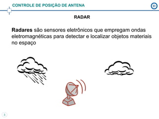 CONTROLE DE POSIÇÃO DE ANTENA

                              RADAR

    Radares são sensores eletrônicos que empregam ondas
    eletromagnéticas para detectar e localizar objetos materiais
    no espaço




3
 
