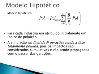 • Modelo hipotético:
• Para cada indústria era atribuído inicialmente um
índice de poluição
• A simulação no final de N gerações tende a ficar
totalmente poluída, pois os impactos são
considerados cumulativos e vão sendo propagados
com o passar das gerações;








n
i
i
x
i
indexx Pol
P
B
PolPol
0
..
 