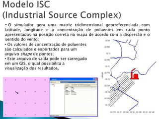 • O simulador gera uma matriz tridimensional georreferenciada com
latitude, longitude e a concentração de poluentes em cada ponto
apresentados na posição correta no mapa de acordo com a dispersão e o
sentido do vento;
• Os valores de concentração de poluentes
são calculados e exportados para um
arquivo shape de pontos;
• Este arquivo de saída pode ser carregado
em um GIS, o qual possibilita a
visualização dos resultados.
 
