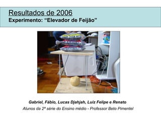Resultados de 2006 Experimento: “Elevador de Feijão” Gabriel, Fábio, Lucas Djahjah, Luiz Felipe e Renato  Alunos da 2ª série do Ensino médio - Professor Beto Pimentel 