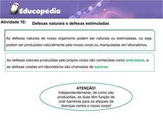 Atividade 10: Defesas naturais x defesas estimuladas
As defesas naturais de nosso organismo podem ser naturais ou estimuladas, ou seja,
podem ser produzidas naturalmente pelo nosso corpo ou manipuladas em laboratórios.
As defesas naturais produzidas pelo próprio corpo são conhecidas como anticorpos, e
as defesas criadas em laboratórios são chamadas de vacinas.
tórios são chamadas de vacinas.
naturais produzidas pelo próprio corpo são conhecidas
ATENÇÃO!
Independentemente, de como são
produzidas, as duas têm função de
criar barreiras para os ataques de
doenças contra o nosso corpo!
 