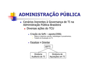 ADMINISTRAÇÃO PÚBLICAADMINISTRAÇÃO PÚBLICA
n Cenários Inerentes à Governança de TI na
Administração Pública Brasileira
n Diversas ações do TCU
n Criação da Sefti – agosto/2006;
n Elabora e dissemina manuais, metodologias e procedimentos;
n Trabalho de fiscalização em TI.
n Fiscalizar e Orientar
SEFTI
Diretoria
Auditoria de TI
Diretoria de
Aquisições em TI
 