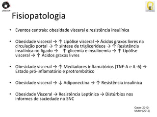Fisiopatologia 
• Eventos centrais: obesidade visceral e resistência insulínica 
• Obesidade visceral → ↑ Lipólise visceral → Ácidos graxos livres na 
circulação portal → ↑ síntese de triglicerídeos → ↑ Resistência 
insulínica no fígado → ↑ glicemia e insulinemia → ↑ Lipólise 
visceral → ↑ Ácidos graxos livres 
• Obesidade visceral → ↑ Mediadores inflamatórios (TNF-A e IL-6) → 
Estado pró-inflamatório e protrombótico 
• Obesidade visceral → ↓ Adiponectina → ↑ Resistência insulínica 
• Obesidade Visceral → Resistência Leptínica → Distúrbios nos 
informes de saciedade no SNC 
Gade (2010) 
Muller (2012) 
 