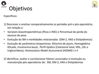 Objetivos 
Específicos: 
1) Descrever e analisar comparativamente os períodos pré e pós-operatório, 
em relação a: 
• Variáveis bioantropométricas (Peso e IMC) e Percentual de perda do 
excesso de peso 
• Evolução da SM e morbidades relacionadas (DM-2, HAS e Dislipidemias) 
• Evolução de parâmetros bioquímicos: Glicemia de jejum, Hemoglobina 
Glicada, Insulinemia basal, Perfil lipídico (Colesterol total, HDL, LDL e 
triglicerídeos), Homeostasis Model Assessment (HOMA) I e II 
2) Identificar, avaliar e correlacionar fatores associados à resolução ou 
manutenção pós-operatórias de: SM, DM-2, HAS e Dislipidemias 
 