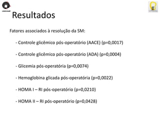 Resultados 
Fatores associados à resolução da SM: 
- Controle glicêmico pós-operatório (AACE) (p=0,0017) 
- Controle glicêmico pós-operatório (ADA) (p=0,0004) 
- Glicemia pós-operatória (p=0,0074) 
- Hemoglobina glicada pós-operatória (p=0,0022) 
- HOMA I – RI pós-operatório (p=0,0210) 
- HOMA II – RI pós-operatório (p=0,0428) 
 