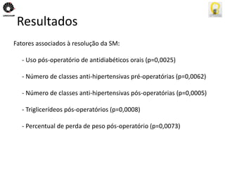 Resultados 
Fatores associados à resolução da SM: 
- Uso pós-operatório de antidiabéticos orais (p=0,0025) 
- Número de classes anti-hipertensivas pré-operatórias (p=0,0062) 
- Número de classes anti-hipertensivas pós-operatórias (p=0,0005) 
- Triglicerídeos pós-operatórios (p=0,0008) 
- Percentual de perda de peso pós-operatório (p=0,0073) 
 