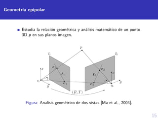 15
Geometr´ıa epipolar
Estudia la relaci´on geom´etrica y an´alisis matem´atico de un punto
3D p en sus planos imagen.
Figura: Analisis geom´etrico de dos vistas [Ma et al., 2004].
 