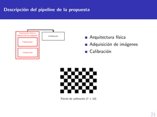 21
Descripci´on del pipeline de la propuesta
Arquitectura f´ısica
Adquisici´on de im´agenes
Calibraci´on
Patr´on de calibraci´on (7 × 10)
 