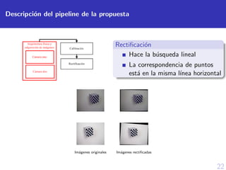 22
Descripci´on del pipeline de la propuesta
Rectiﬁcaci´on
Hace la b´usqueda lineal
La correspondencia de puntos
est´a en la misma l´ınea horizontal
Im´agenes originales Im´agenes rectiﬁcadas
 
